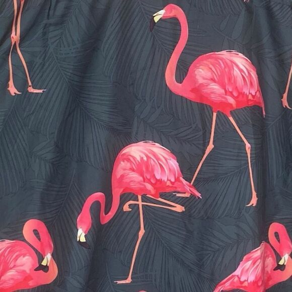 UZZI Mens Sz Med Black Flamingo Hawaiian Casual Beach Button Down Party Shirt - Picture 2 of 4